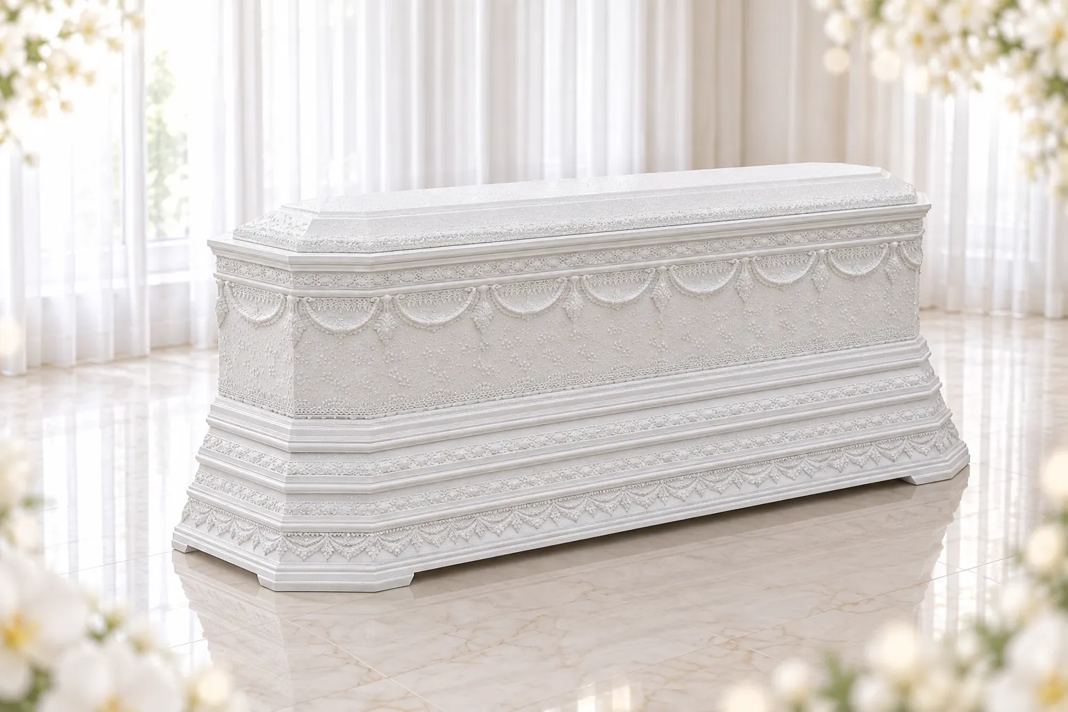 หีบศพแปดเหลี่ยมผ้ากากเพชรสีขาว ฝาทรงธรรม รหัส 91 ของโคราชหีบศพ