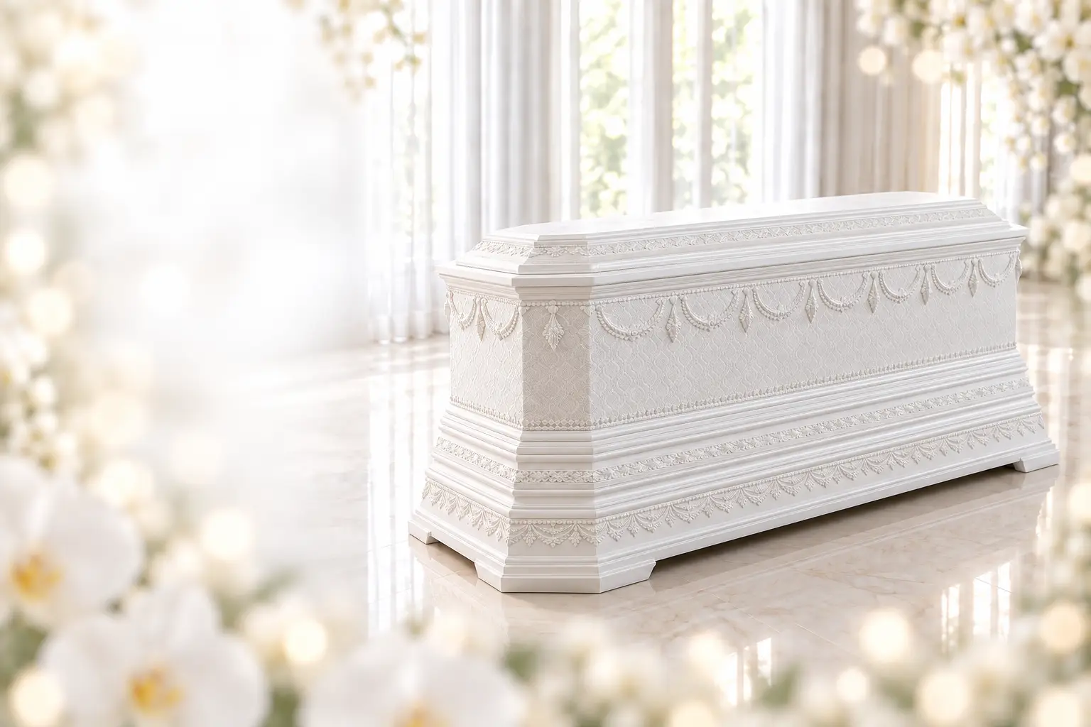 หีบศพแปดเหลี่ยมผ้าปักสีขาว ฝาทรงธรรม ของโคราชหีบศพ ในห้องสีขาวประดับดอกไม้